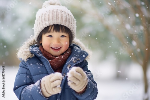 Joyful Asian Little Boy in First Snow with Blurred Background