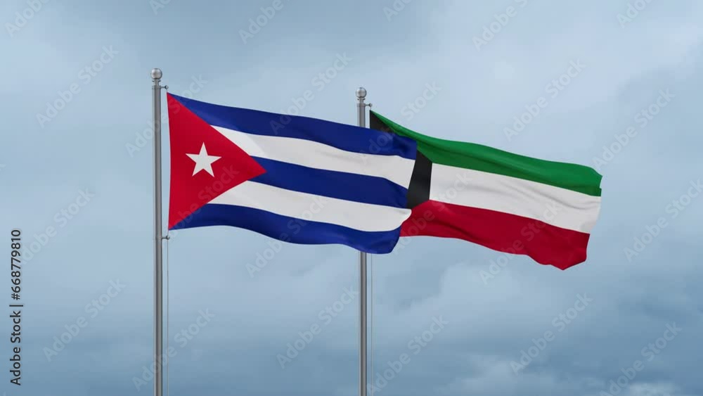 Kuwait and Cuba flag waving together on cloudy sky, endless seamless loop, two country cooperation concept Kuwait and Cuba flag waving together on cloudy sky, endless seamless loop, two country cooperation concept