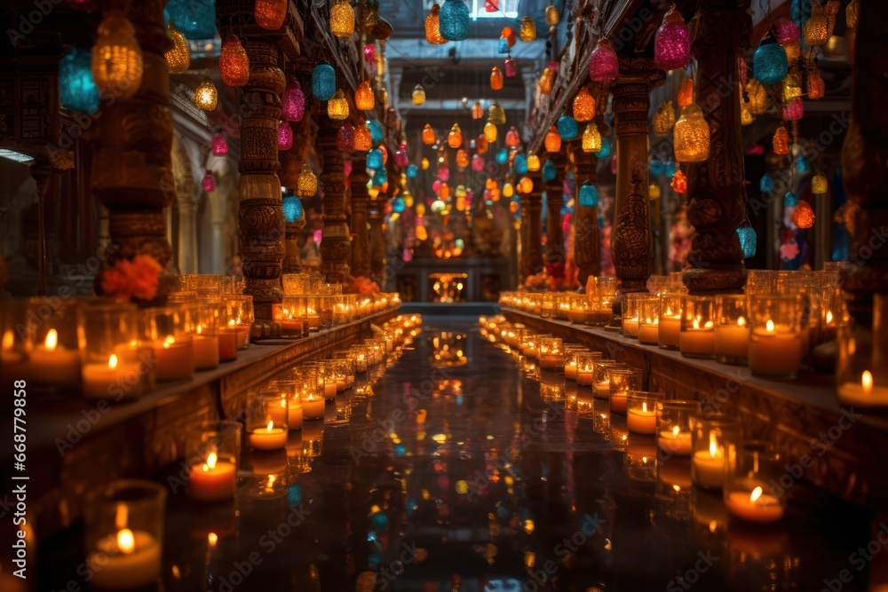 Temple's Diwali Decor: Lamps & Adornments.