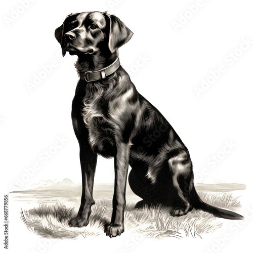 Antique Engraving of Dog in 1800s Style Illustration on White Background.