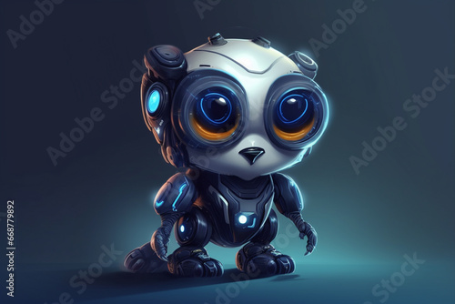 Cute little robot with blue eyes on dark background. 3D rendering