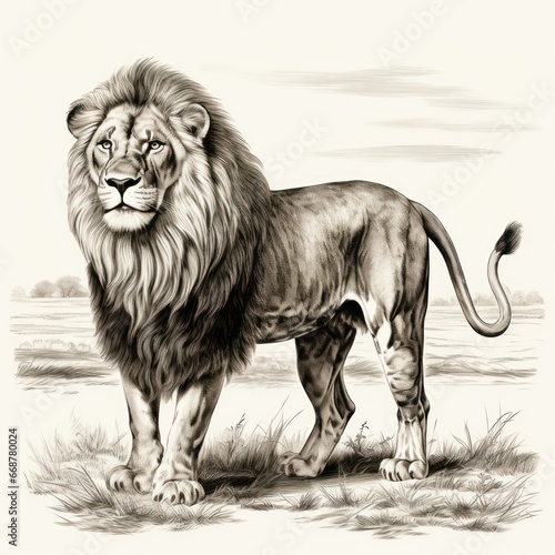 Vintage Engraving of an East African Lion in 1800s Style Illustration on White Background.