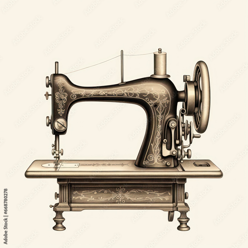 Antique sewing machine engraving on white.