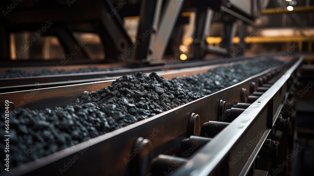 Blurred coal conveyor belt transporting to the next stage.