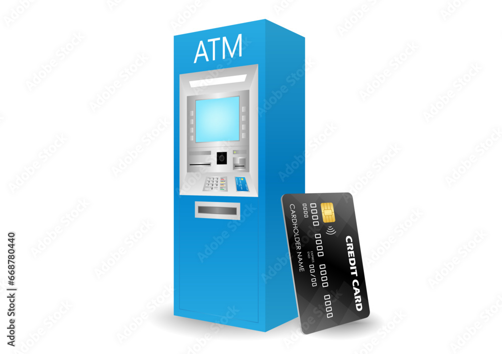 ATM- Automated Teller Machine with Credit Card. Saving and Withdrawing Money Concept. Vector Illustration. ATM- Automated Teller Machine with Credit Card. Saving and Withdrawing Money Concept. Vector Illustration.