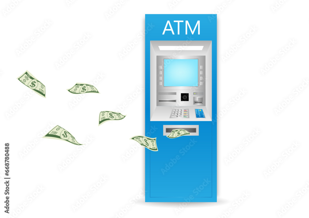 ATM- Automated Teller Machine with Flying Cash Money. Saving and Investment Concept. Vector Illustration. ATM- Automated Teller Machine with Flying Cash Money. Saving and Investment Concept. Vector Illustration.