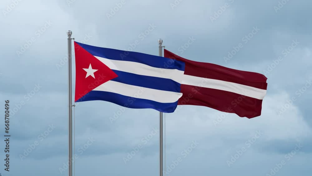 Latvia and Cuba flag waving together on cloudy sky, endless seamless loop, two country cooperation concept Latvia and Cuba flag waving together on cloudy sky, endless seamless loop, two country cooperation concept