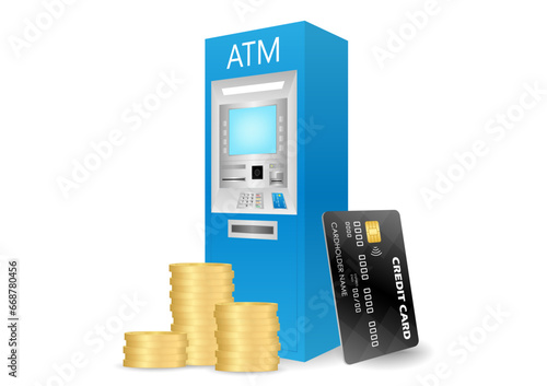 ATM- Automated Teller Machine with Flying Cash Money, Coins and Credit Card. Saving and Investment Concept. Vector Illustration. 