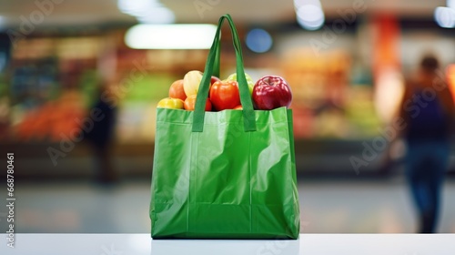 Green eco-friendly shopping bag with fruits and vegetables, held over a blurry store aisle backdrop.