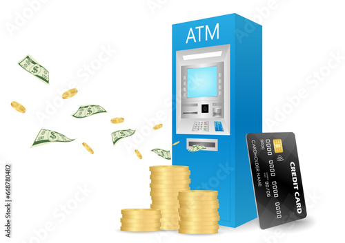ATM- Automated Teller Machine with Flying Cash Money, Coins and Credit Card. Saving and Investment Concept. Vector Illustration. 