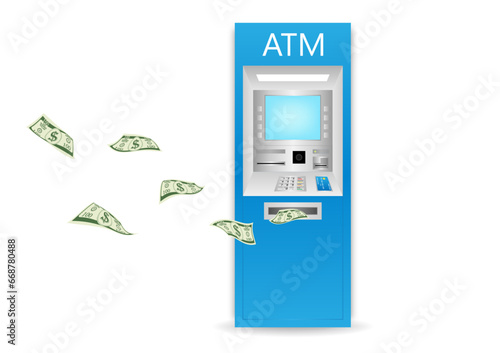 ATM- Automated Teller Machine with Flying Cash Money. Saving and Investment Concept. Vector Illustration. 
