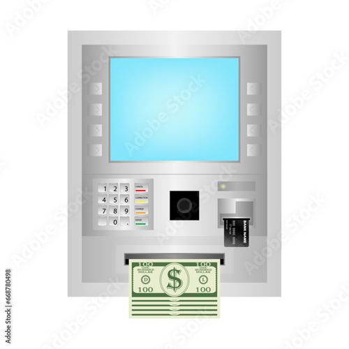 Money Coming Out from ATM Slot. Withdrawing Money from ATM- Automated Teller Machine. Vector Illustration. 