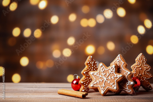 Gingerbeard Cookies On Wooden Table With Christmas Lights Background. Christmas Greeting Card With Copyspace For Text Message. Ai Generated 