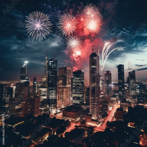 Urban skyline illuminated by dazzling fireworks.