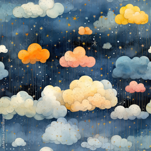 Celestial Symphony: A Watercolor Dance of Blue and Yellow Clouds with Raindrops,clouds in the sky,Seamless Pattern Images