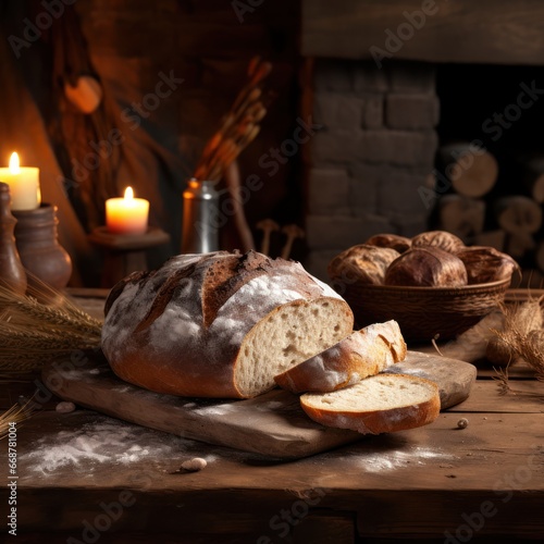 Fresh baked bread resting on rustic table