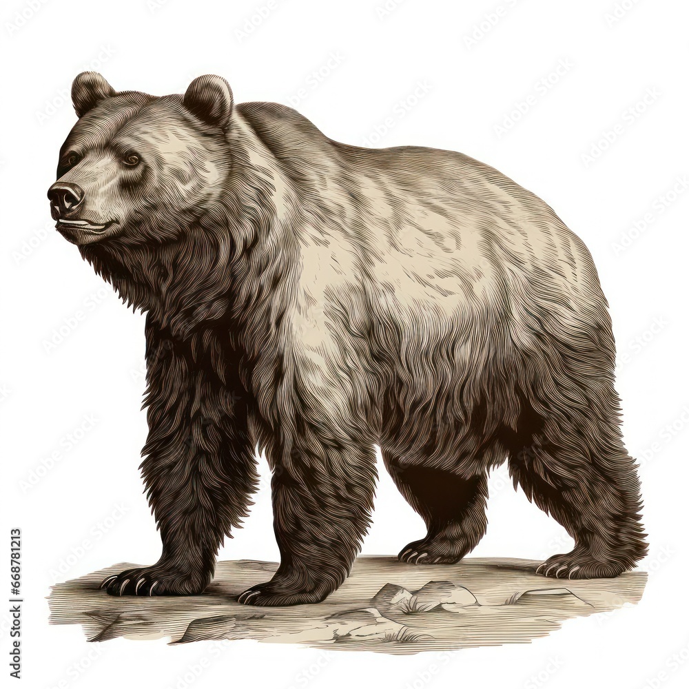 Fototapeta premium White background engraved illustration of Giant Short-Faced Bear resembling 1800s vintage style.