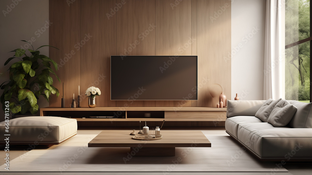 Mockup, modern living room with big tv screen, wooden furniture with table, couch, chairs, canvas and futuristic decoration | Generative AI Mockup, modern living room with big tv screen, wooden furniture with table, couch, chairs, canvas and futuristic decoration | Generative AI