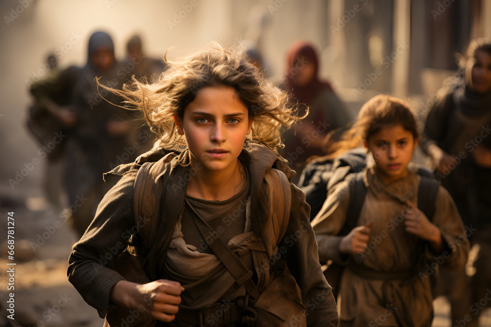 Amidst the war's devastation, refugee women and children embark from the city Amidst the war's devastation, refugee women and children embark from the city