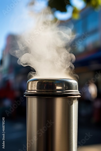 Close-up photo of a thermos mug of hot coffee, tea with steam on the evening street. Cold days, damp weather. Mood and concept of autumn or early spring. Selective focus, bokeh. Vertical