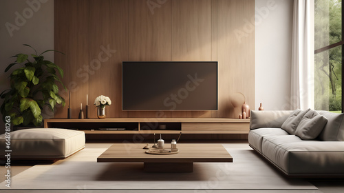 Mockup, modern living room with big tv screen, wooden furniture with table, couch, chairs, canvas and futuristic decoration | Generative AI