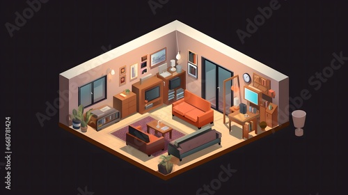 isometric home rooms with furniture home office. 