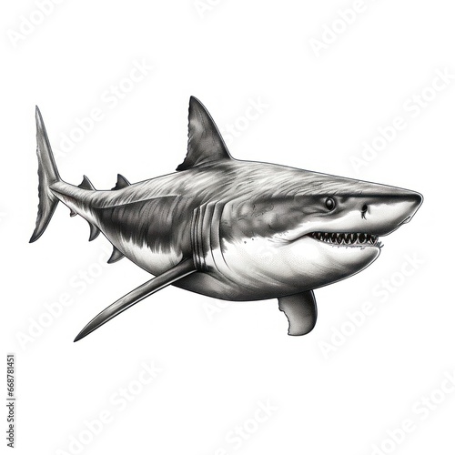 Vintage-style engraving of a Great White Shark on white backdrop  reminiscent of 1800s illustration