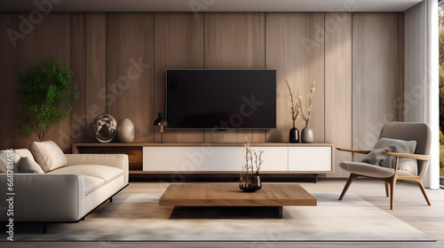 Mockup, modern living room with big tv screen, wooden furniture with table, couch, chairs, canvas and futuristic decoration | Generative AI