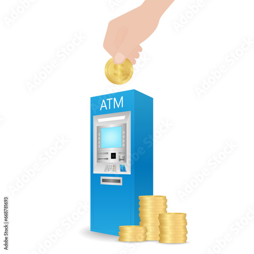 Saving, Depositing Money and Investment Concept. Hand Putting Money to ATM to Deposit Money. Vector Illustration.