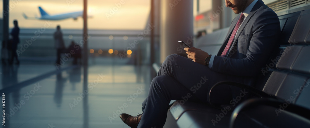 Business man using mobile phone to book plane ticket through online application, sitting on travel checking travel time on board at airport, travel, payment, due, booking, online, check in - obrazy, fototapety, plakaty 