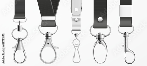 Metal claw clasp on black lanyards set vector illustration 