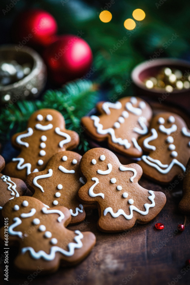 Delicious gingerbread cookies for the holiday on a table.
