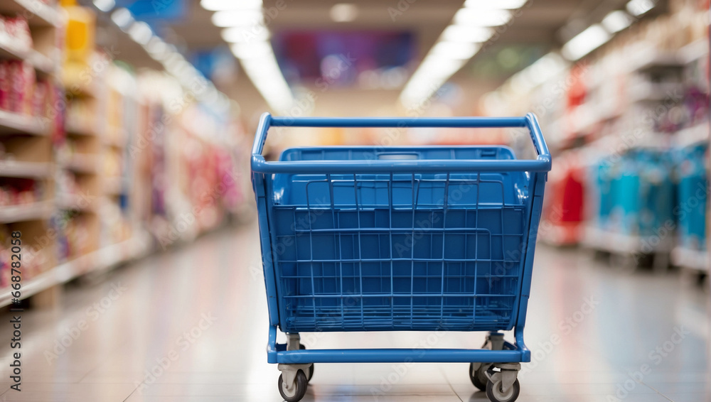 Empty blue shopping cart in Supermarket and blurred background Empty blue shopping cart in Supermarket and blurred background
