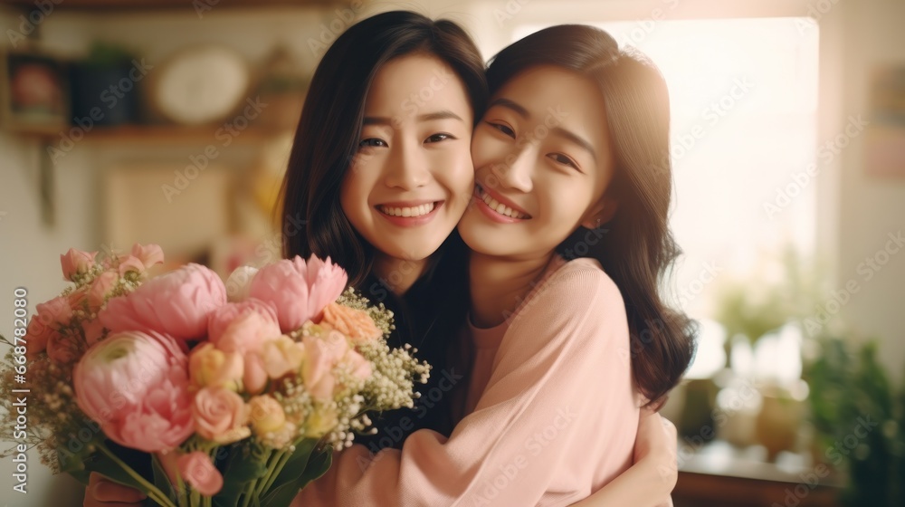 Mother day, cute asian teen girl hugging mature middle age mum. Love, kiss, care, happy smile enjoy family time. celebrate special occasion, happy birthday, merry Christmas. special day.