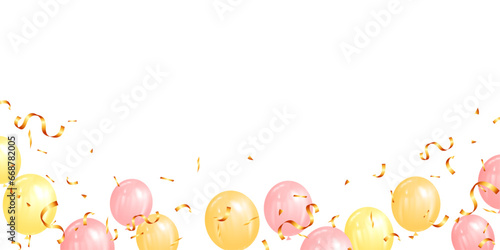 Pastel balloons and gold confetti on white background for birthday, party, holiday, baby. vector illustration