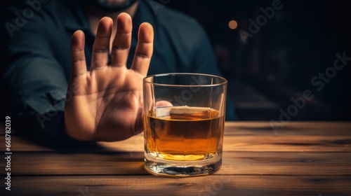 man refuses say no and avoid to drink an alcohol whiskey , stopping hand sign male, alcoholism treatment, alcohol addiction, quit booze, Stop Drinking Alcohol. Refuse Glass liquor, unhealthy, reject