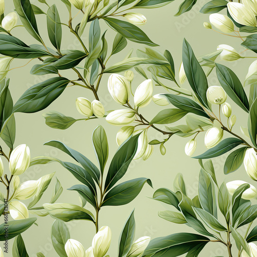 Elegant Green and White Floral Pattern,seamless pattern with leaves