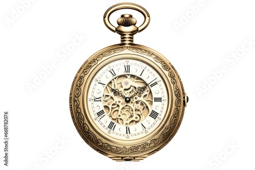 Detailed engraving of antique pocket watch on white.