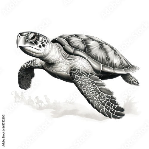 1800s-style engraving of Kemp's Ridley turtle on white background photo