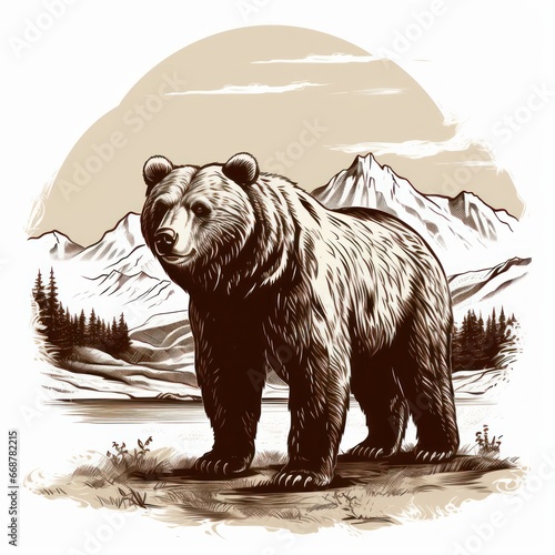 Vintage engraving of Kodiak bear in 1800s style on white background. photo