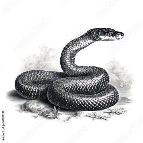 Vintage Style Engraving of a King Snake on White Background, reminiscent of 1800s Illustrations.