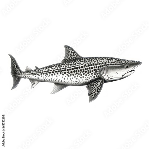 1800s-style engraving of a vintage Leopard Shark on white background.