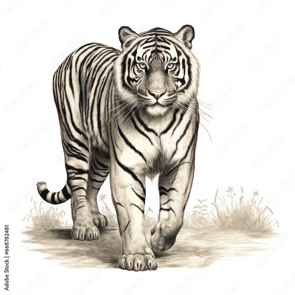 Fototapeta premium Vintage Engraving of Malayan Tiger in 1800s Style on White Background