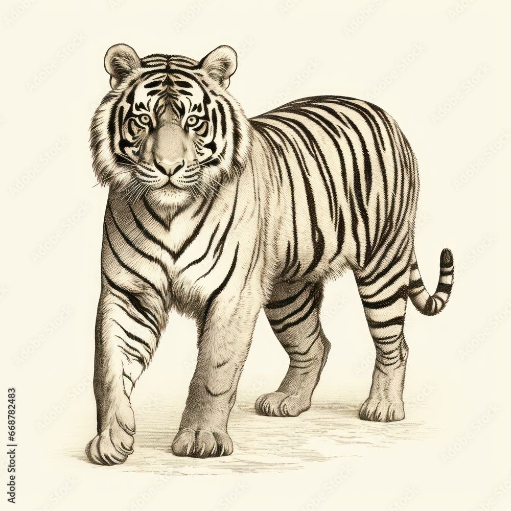 Fototapeta premium 1800s-style Malayan tiger vintage engraving on white background.