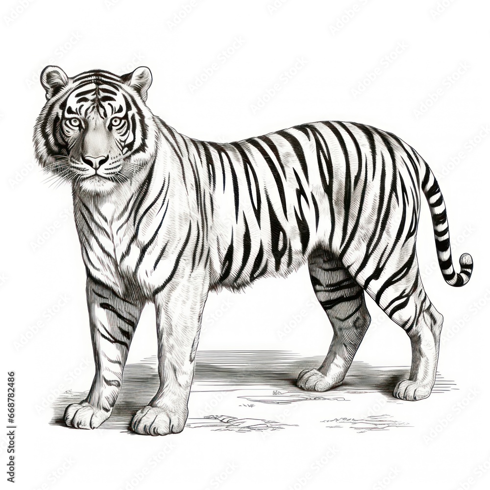 Fototapeta premium Vintage Engraving of Malayan Tiger in 1800s Style on White Background.