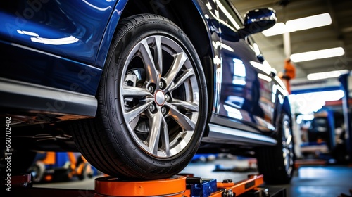 Technicians aligning car wheels at an auto service center. © rorozoa
