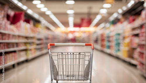 Empty shopping cart in Supermarket and blurred background
