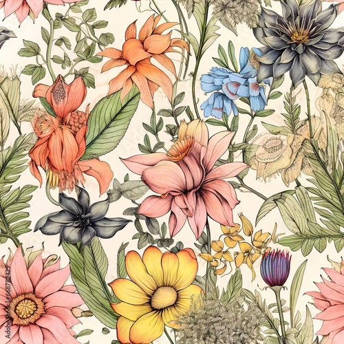 Whimsical Garden  A Vintage Floral Symphony seamless background with flowers