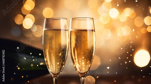 Elegant Champagne Pouring: Bottles Filling Sparkling Champagne Glasses on a Shimmering and Luxurious Golden Background - Celebratory and Glamorous Concept