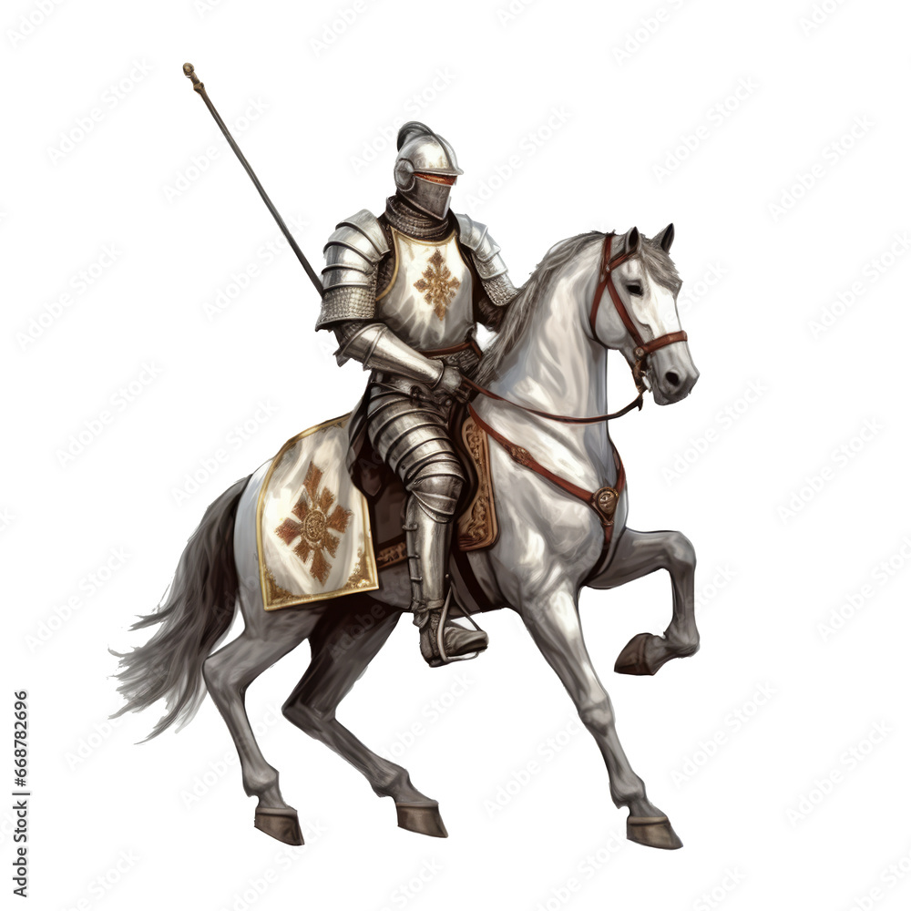 Medieval knight on white steed, isolated.